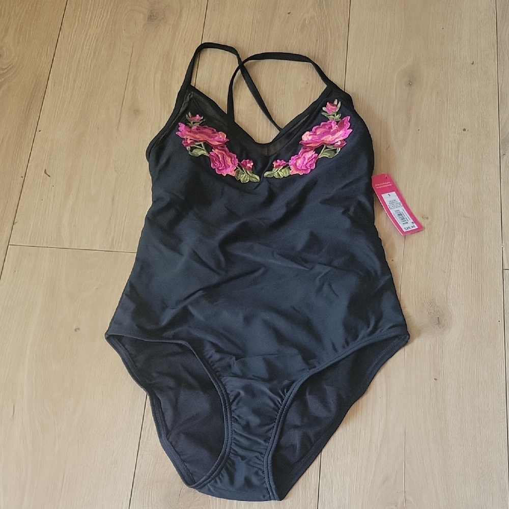 Black and Pink Floral One Piece Swimsuit with Strappy Back